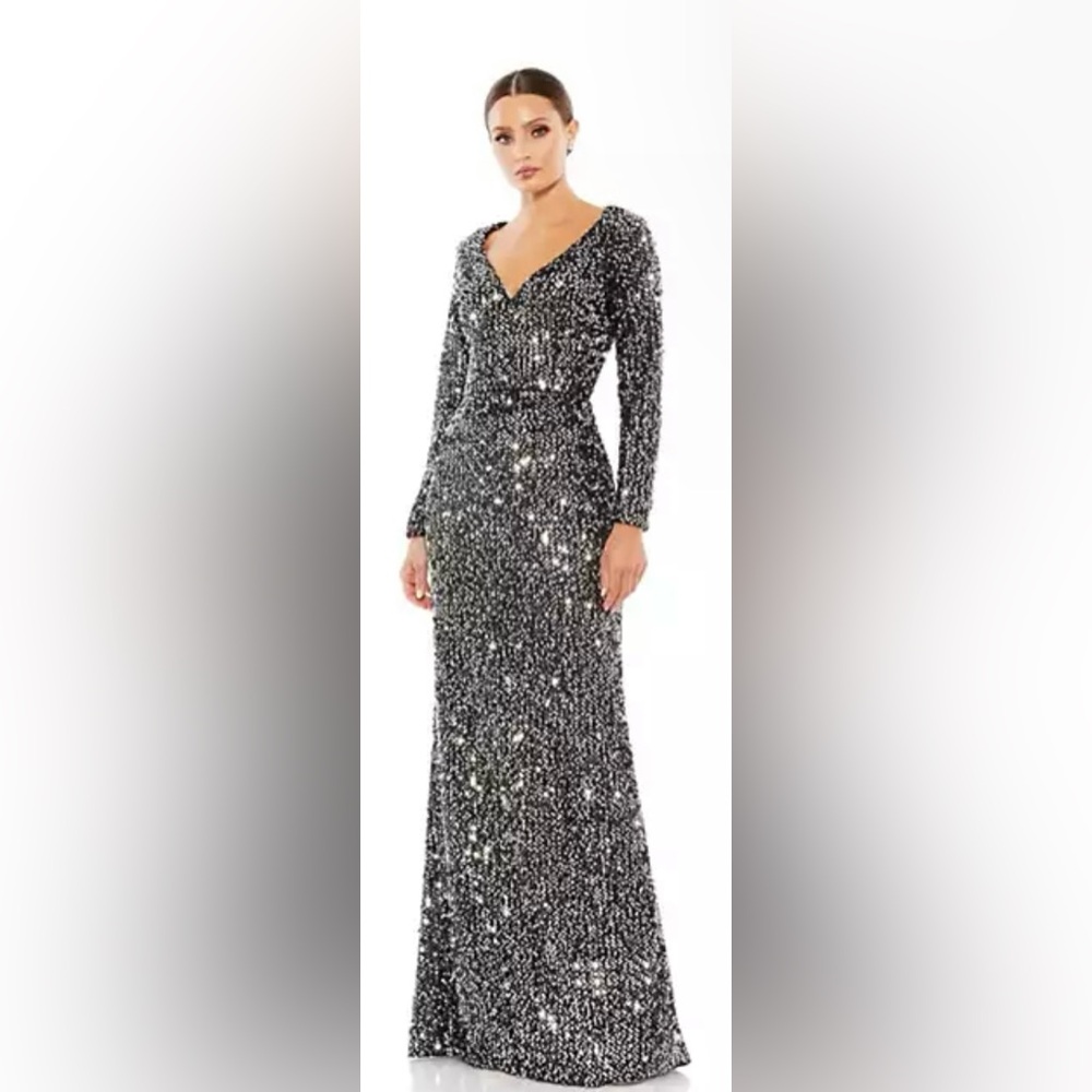 Ieena by Mac Duggal Sequined V-Neck Long Sleeve Gown